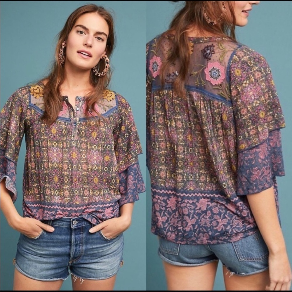Anthropologie Postmark Ciutadella Embroidered Peasant Boho Top‎